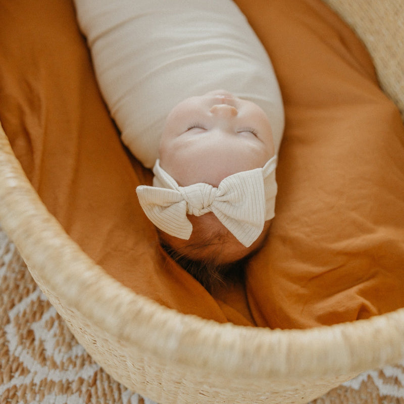 Load image into Gallery viewer, Copper Pearl Rib Knit Headband Bow | Moonstone
