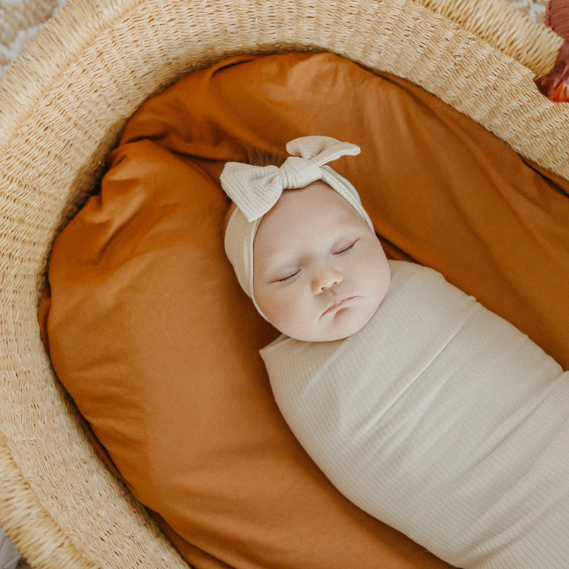 Load image into Gallery viewer, Copper Pearl Rib Knit Headband Bow | Moonstone
