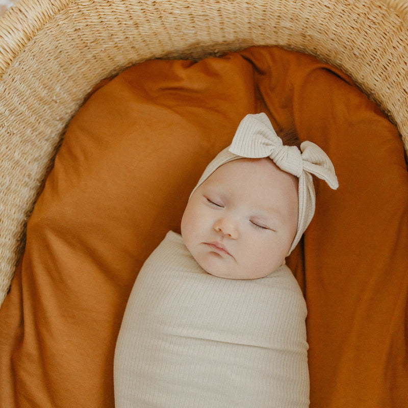 Load image into Gallery viewer, Copper Pearl Rib Knit Headband Bow | Moonstone
