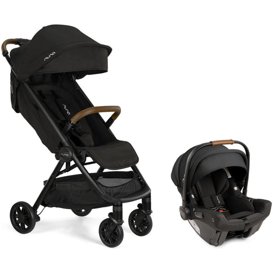 Black Nuna TRVL Stroller with Pipa URBN car seat that attaches, foldable for storage,