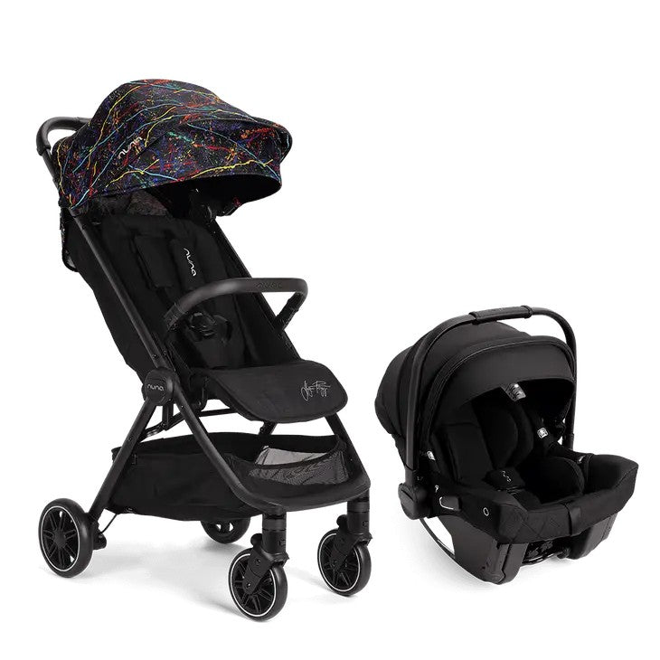 Load image into Gallery viewer, Black with Design Nuna TRVL Stroller with Pipa URBN car seat that attaches, foldable for storage,
