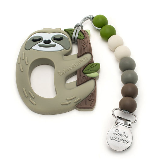 Loulou Lollipop Silicone Teether with Holder Set in Sloth