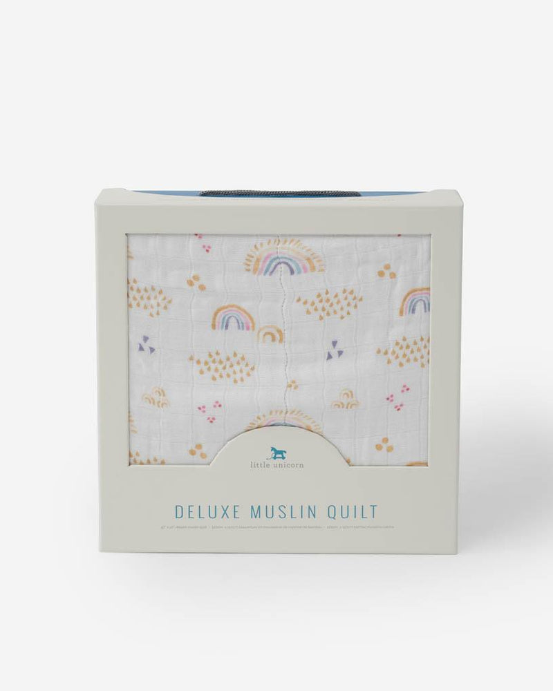 Load image into Gallery viewer, Little Unicorn Deluxe Muslin Quilt - Rainbows and Raindrops

