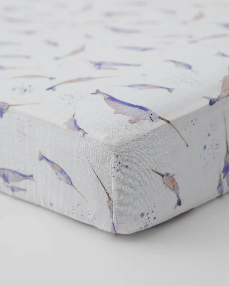 Load image into Gallery viewer, Little Unicorn Cotton Muslin Crib Sheet - Narwal
